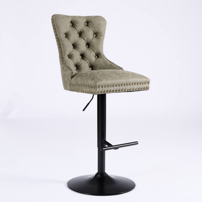 Set of 2 Aged Retro PU Swivel Barstools with Tufted Back, Adjustable Height 26-33" - Olive Green