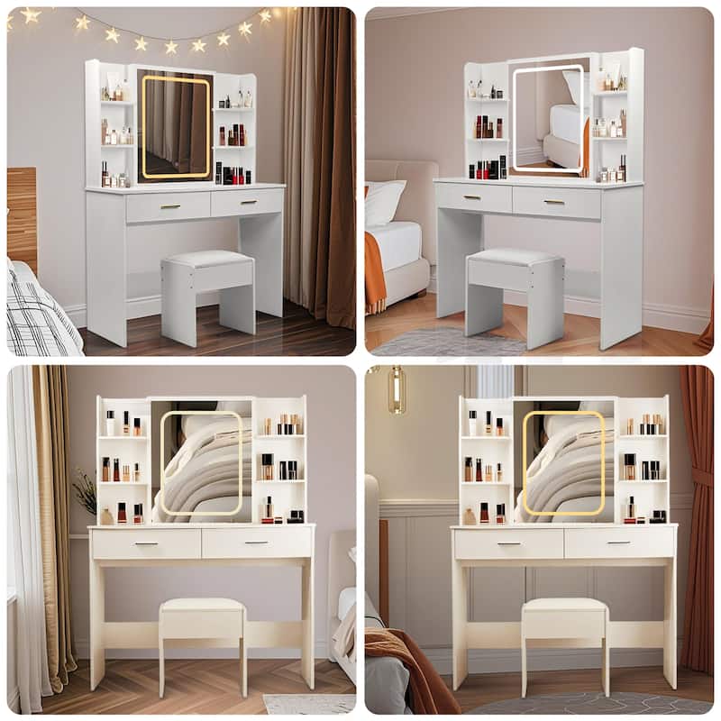 Makeup Vanity with LED Lights, Power Outlet, 2 Drawers, 6 Shelves