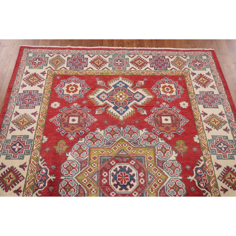 Kazak Oriental Area Rug Handmade Red Wool Carpet - 5'0" x 6'7"
