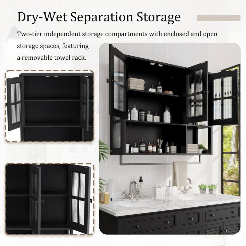 Bathroom Wall Cabinet,3-Door Wooden Cabinet with Open and Hidden Storage Space,Medicine Cabinet with Glass Door and Towel Bar