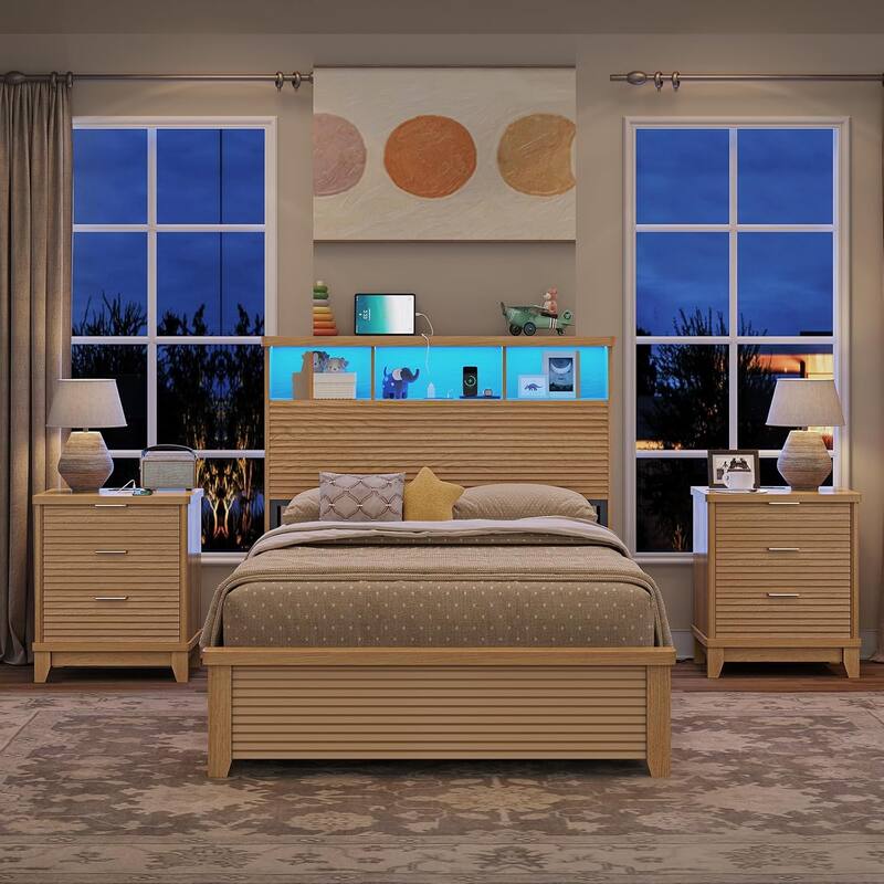 Night Stand Charging Station Drawers LED Nightstands Beside Table