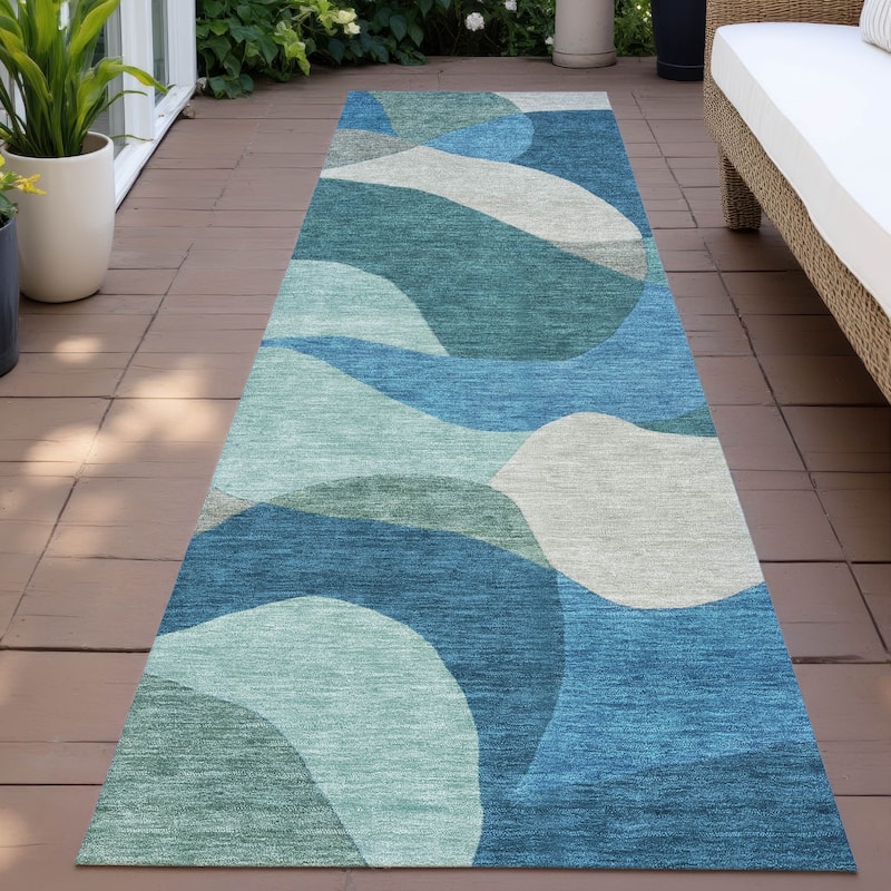 Machine Washable Indoor/Outdoor Modern Century Chantille Rug - Teal - 2'3" x 7'6"