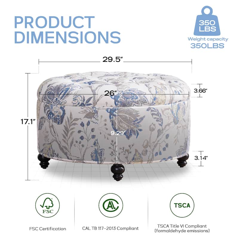 Tufted Large Round Storage Ottoman Footrest Beige/ Grey/ Blue