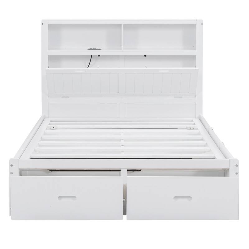 Full/Queen Size Hydraulic Storage Platform Bed Frame with LED, Charging Station and 2 Drawers