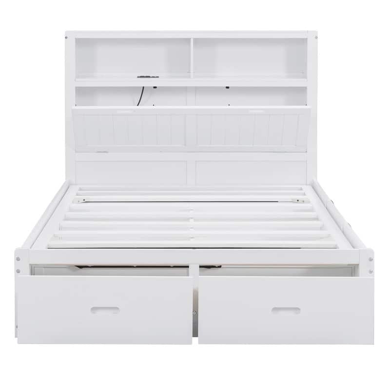 Full Size Wood Platform Bed with LED Headboard Charging Station 2 Drawers Hydraulic Storage