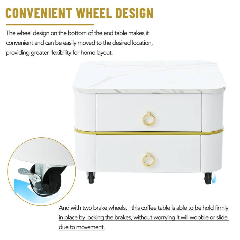 Mieres Stackable Coffee Table, Nesting Tables with Brown Tempered Glass, Wheels & Drawers and High Gloss Marble Grain Top