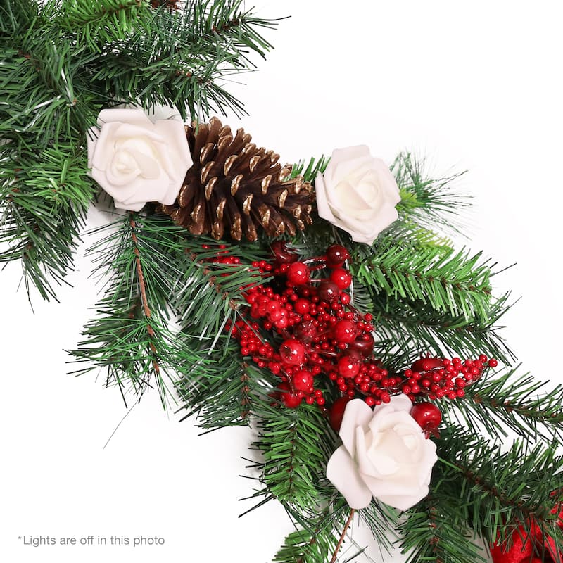 6ft Artificial Mixed Velvet Poinsettia Berry Pine Cone & Pine Christmas Garland with Rose String Light Set