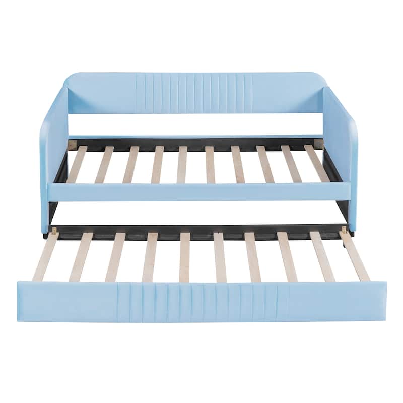 Upholstered Daybed Sofa Bed Twin Size With Trundle Bed and Wood Slat