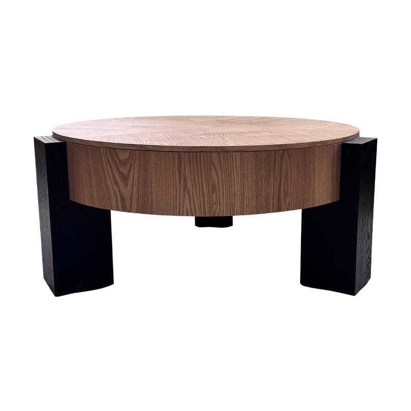 33" Round Coffee Table with Hidden Storage, Parquet Veneer Top Table, 3 Block Legs Sturdy Center Accent Table for Living Room