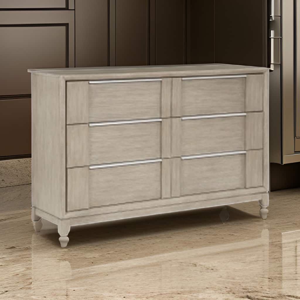 Owen 64 Inch Dresser, 6 Drawers, Pewter Tone Handles, Light Beige Finish