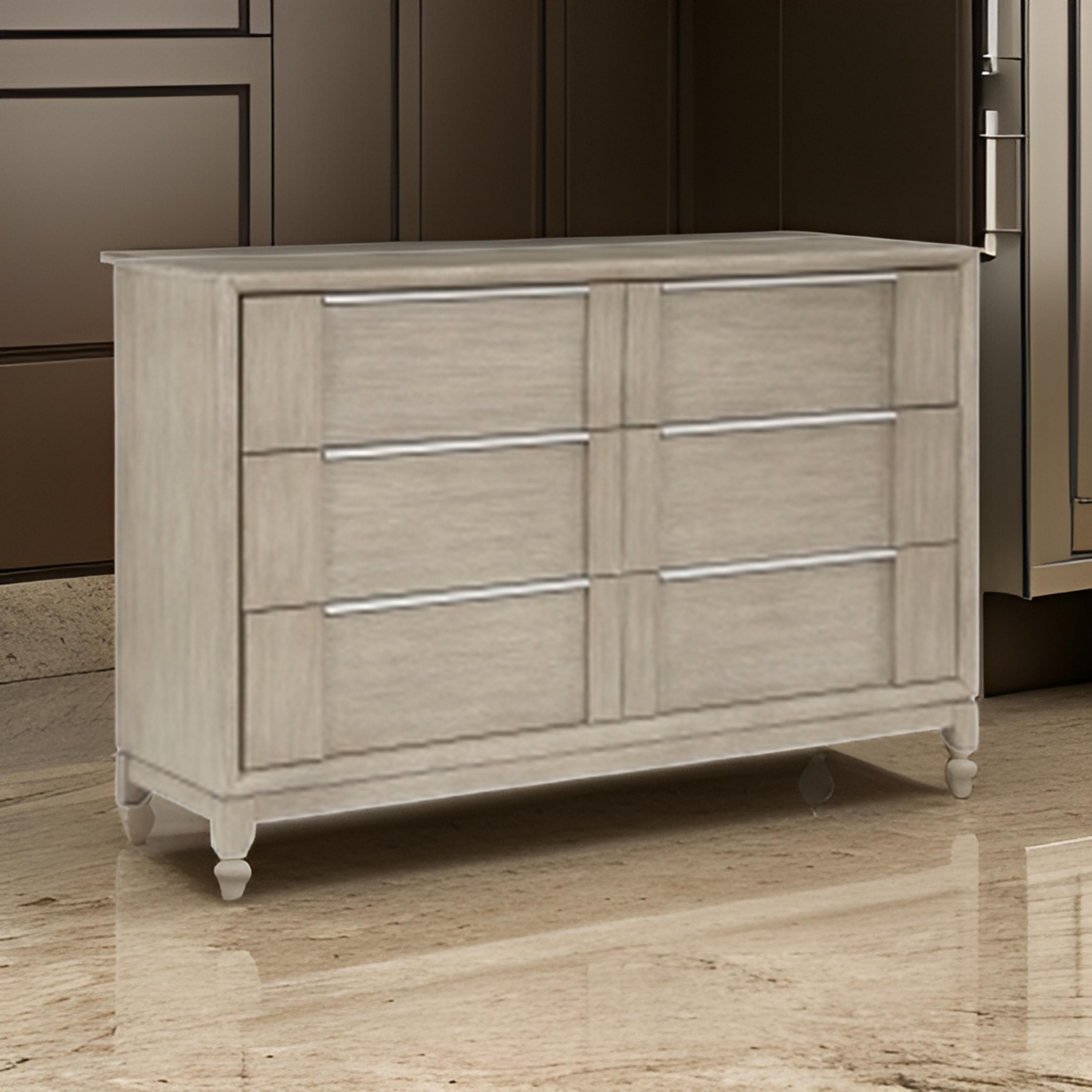 Owen 64 Inch Dresser, 6 Drawers, Pewter Tone Handles, Light Beige Finish