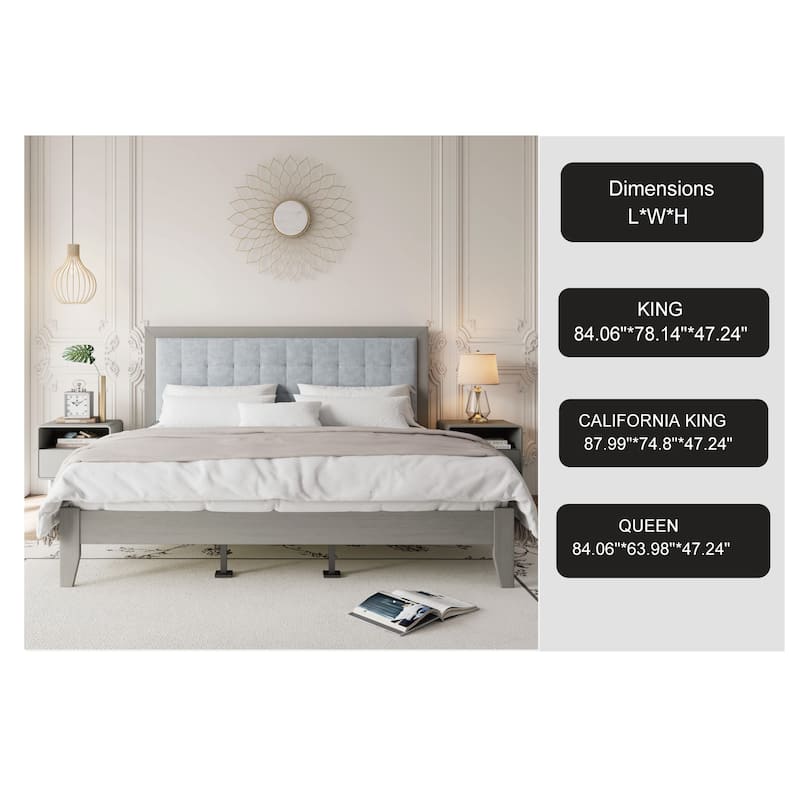 Solid Wood Platform King Bed with Upholstered Headboard, Mid-Century Modern Design