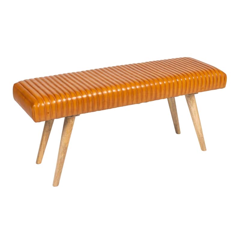 Mango Wood and Leather Grid Bench
