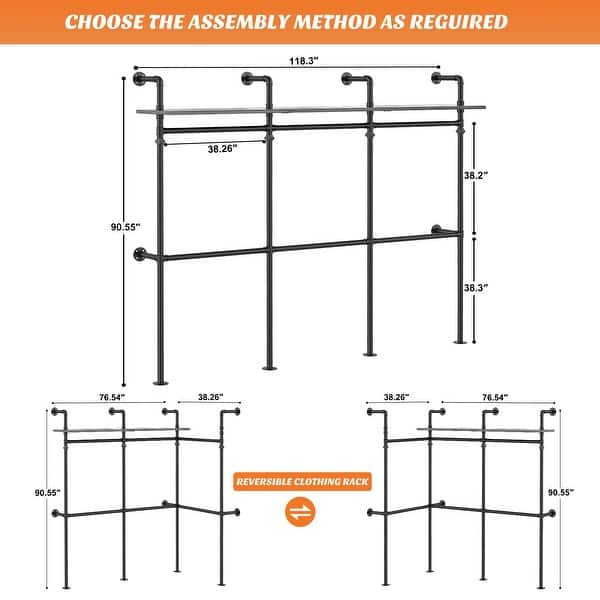dimension image slide 0 of 3, Industrial Pipe Clothing Rack, Reversible 118.3'' Garment Rack with LED Lights& Shelves for Walk-in Closet