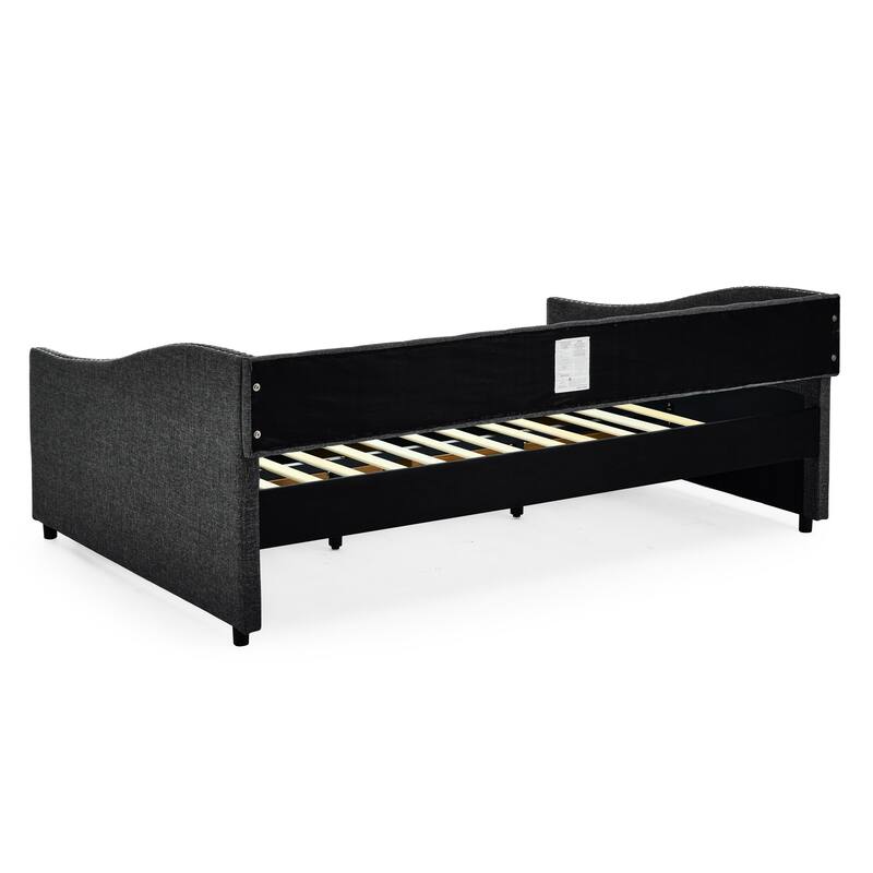 Roomfitters Twin/Full/Queen Upholstered Daybed with Tufted Backrest, Nailhead Trim and Underbed Storage Trundle