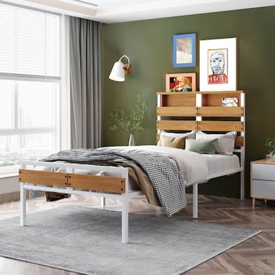 Metal and Wood Bed Frame with Headboard and Footboard,Twin Size