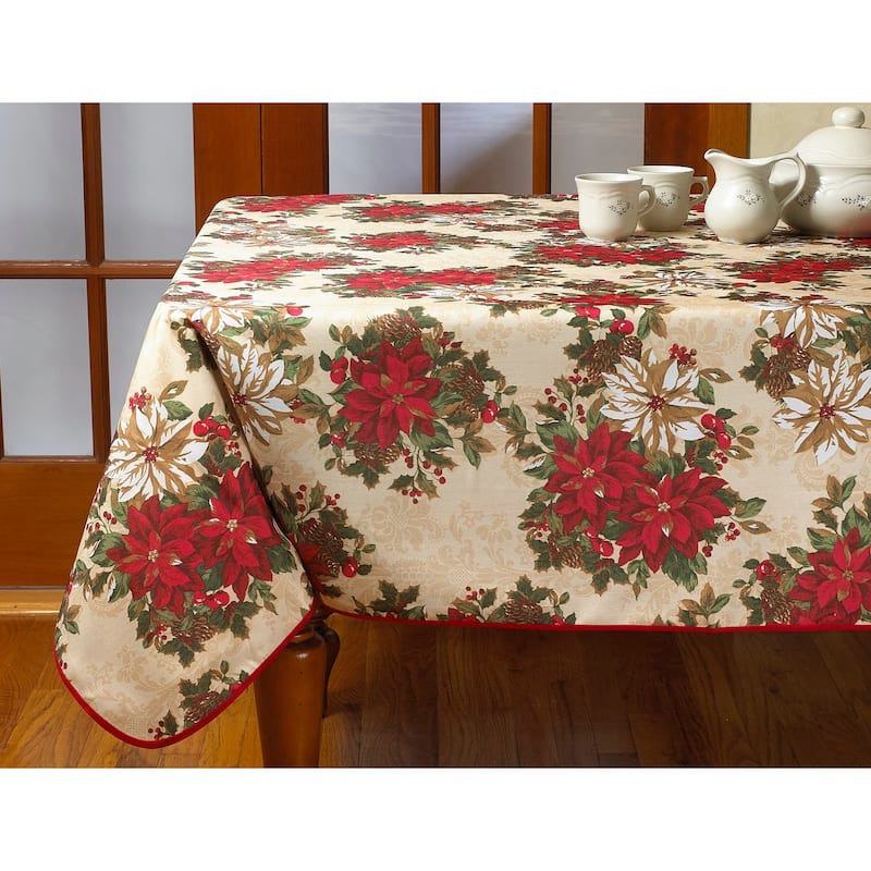 Violet Linen Holiday Christmas Poinsettia Garden Pattern Tablecloth - 60" X 102