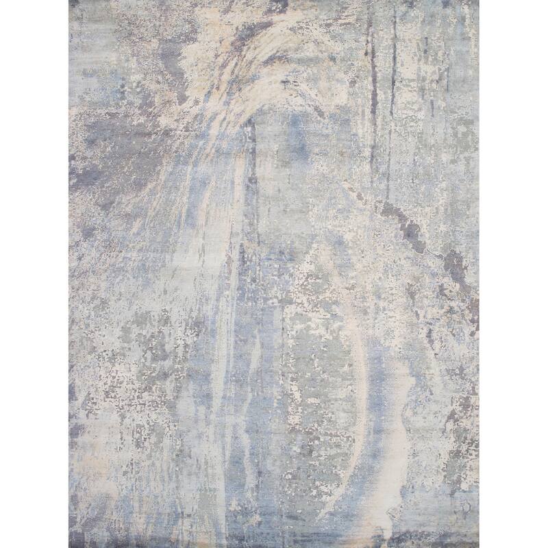 Pasargad Home Modern Hand-Knotted Abstract L.Blue Silk & Wool Area Rug - 8' 9'' X 12' 1'' - 8' 9'' X 12' 1''