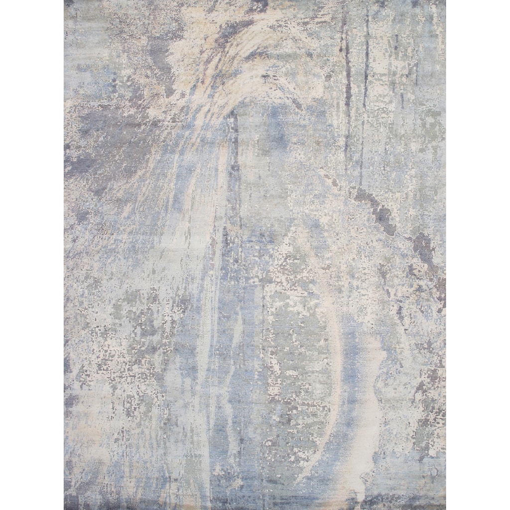 Pasargad Home Modern Hand-Knotted Abstract L.Blue Silk & Wool Area Rug - 8' 9'' X 12' 1''