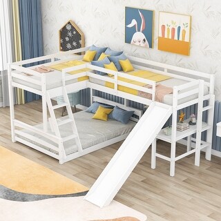 Twin over Full L-Shaped Bunk Bed with Loft, Desk, and Slide
