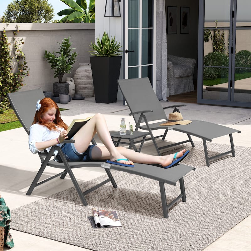 3-Pieces Outdoor Chaise Lounge Set Aluminum Adjustable Foldable Chaise Lounge Chairs and Side Table