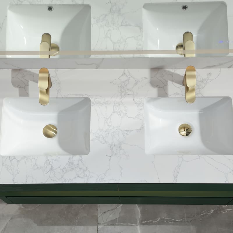 Modland 36/48 Inch LED Floating Vanity with Marble Top & Soft-Close Drawer - Green/White, Wall Drain Ready