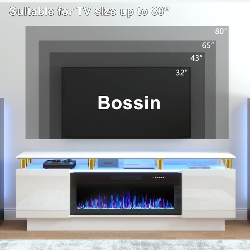 BOSSIN 70" Modern Electric Fireplace TV Stand, with Electronic Flame and LED Lights, High Gloss Finish Entertainment Center