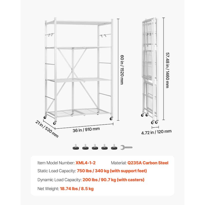 White Carbon Steel Garage Folding Storage Shelf with Wheels and 750 lbs Capacity - 21 x 36 x 60 in