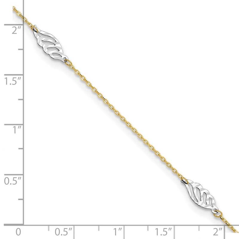 Curata Women's 14k Two-Tone Gold Textured and Polished Leaf Anklet - 10 Inch