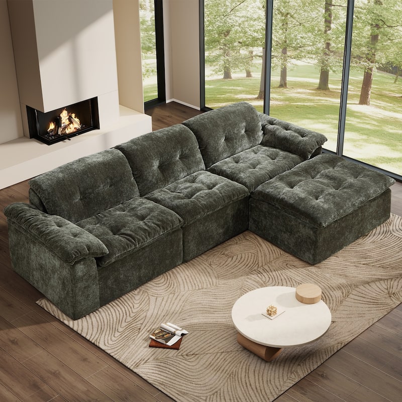 Rossetta L-Shaped Modular Chenille Cushioned Extreme Comfort Sofa with Detachable Backrest and Armrests, 1 Removable Ottoman