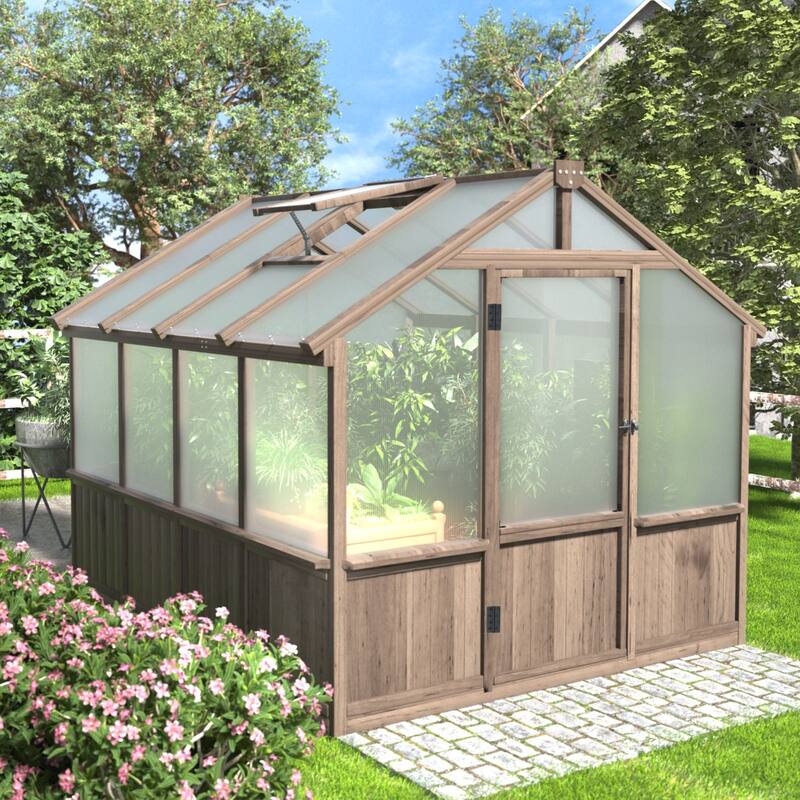 VEIKOUS Walk-in Wooden Greenhouse for Outside, Garden and Backyard, Light Mocha Brown - 8'×8'
