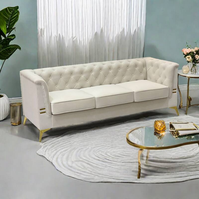 82'' Modern Velvet 3-Seater Couch with Tufted Design and Gold Metal Legs
