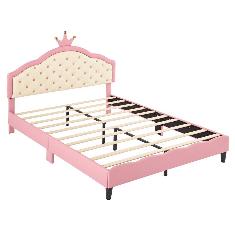 Full Size Pink Princess Bed with Crown-Shaped Tufted Headboard, PU Leather Upholstered MDF and Metal Frame