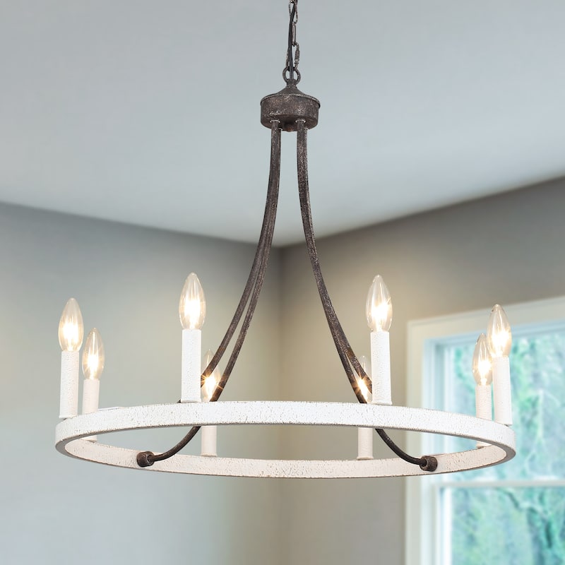 8-Light W23.6" x H82.67" Vintage Rustic Wagon Wheel Chandelier for Living Room - Antique Brown+Retro White
