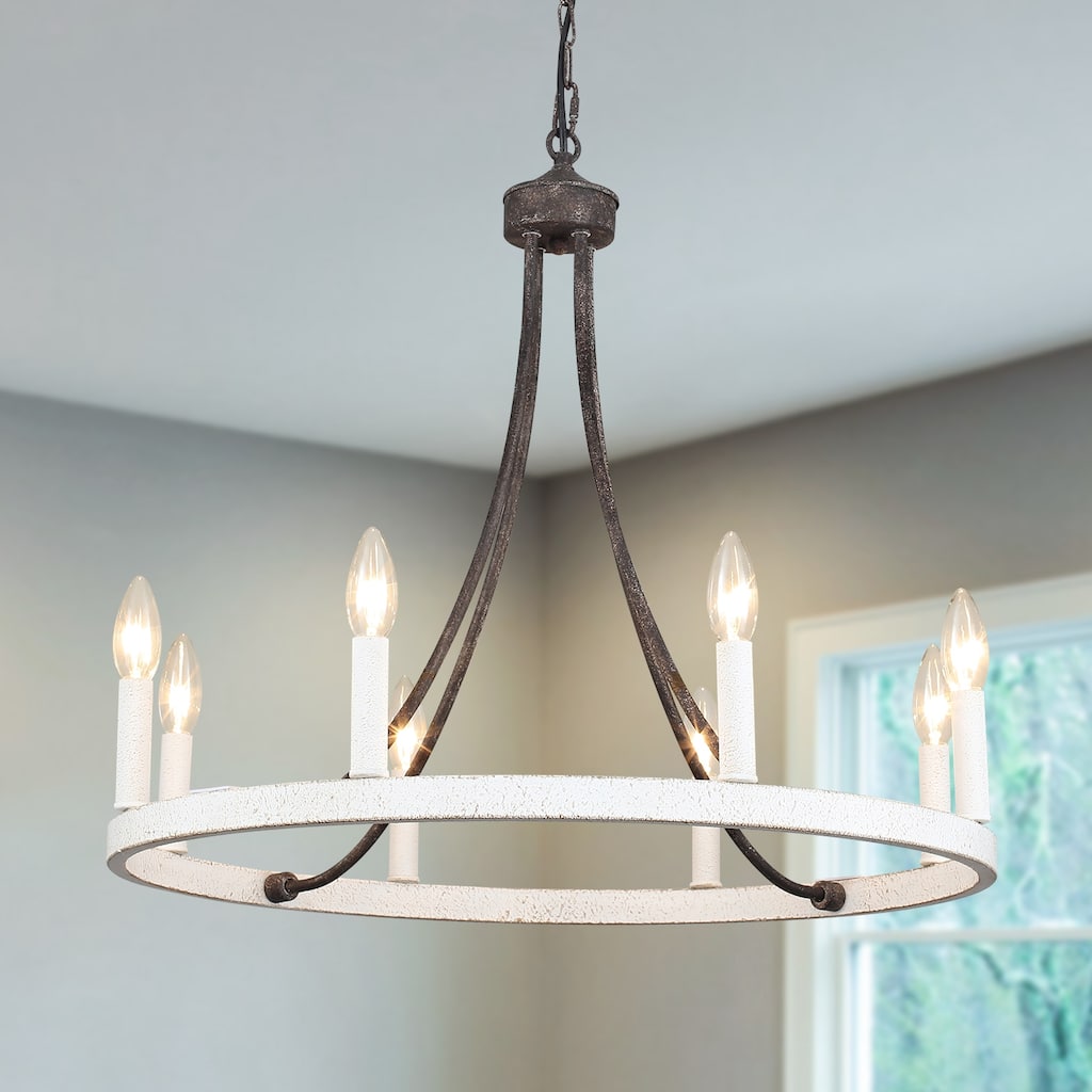 8-Light W23.6" x H82.67" Vintage Rustic Wagon Wheel Chandelier for Living Room
