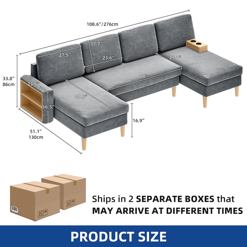 Moasis 109'' U-Shape Sectional Sofa Couch, 4 Seat Sofa Set with Double Chaise, Armrests w/ Cup Holder/Storage, 4 Thick Cushions,