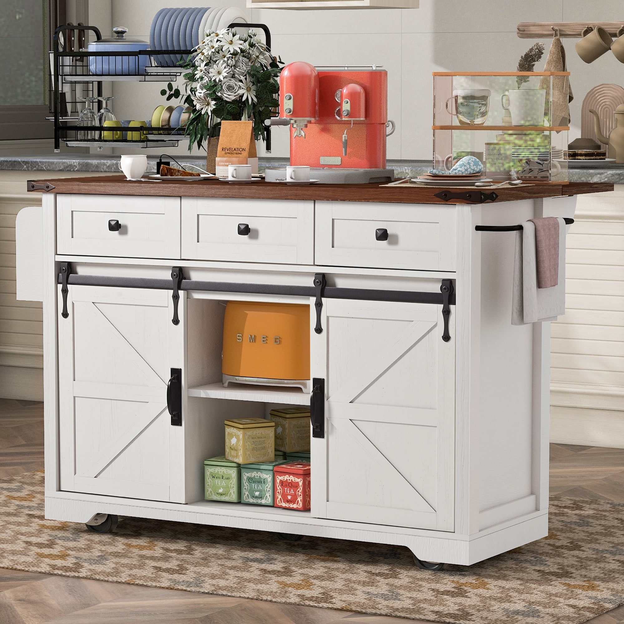 53.7" Farmhouse Kitchen Island with Power Outlet and Drop Leaf, Spice Rack Rolling Kitchen Cart on Wheels for Kitchen