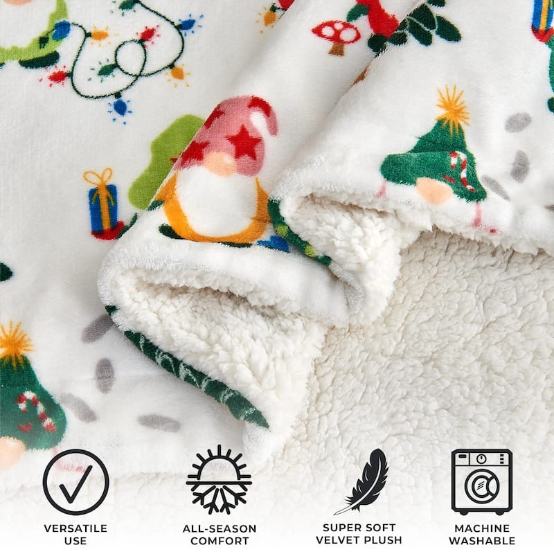 Linery & Co. Velvet Plush Fleece Reversible Sherpa Holiday Printed Throw.