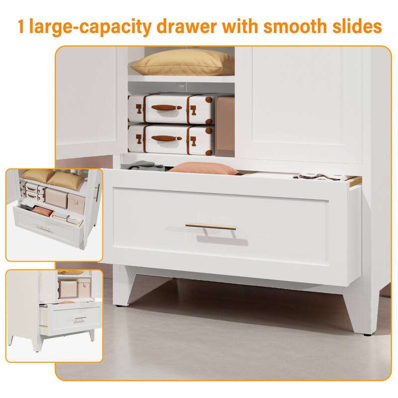 60" Tall Metal Wardrobe Cabinet with 1 Drawer and Hanging Rod, 2 Doors Wardrobe Closet with Shelf