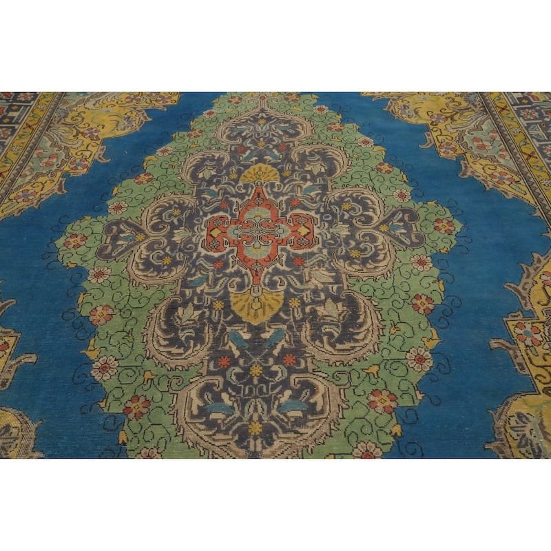 Hand Knotted Oriental 100% Wool Carpet Traditional Floral Navy Blue & Blues Tabriz Area Rug - 12' 5'' X 8' 3''