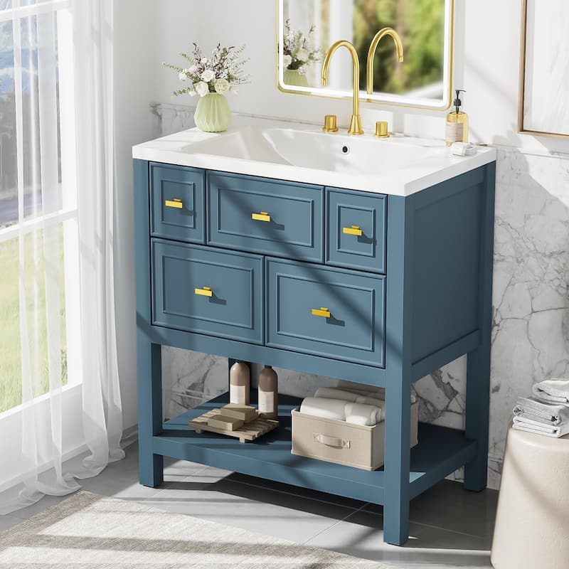 MDF Bathroom Vanity with Free Standing Single Vanity Set with 5 Drawers - 30" x 18" x 33"