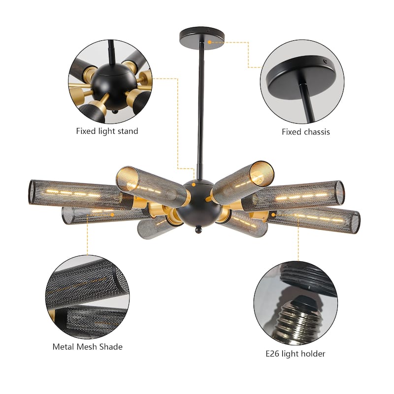 34" Modern Industrial Chandelier,Pendant Light with Mesh Shades, Base, Adjustable Height for Dining Room, Living Room