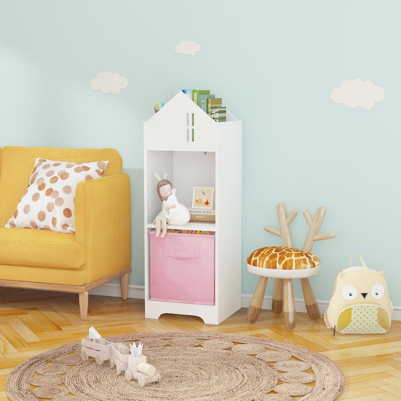 2-Tier Storage Display Kids Dollhouse Bookcase, Toddler Bookshelf with Collapsible Fabric Drawers for Bedroom or Playroom