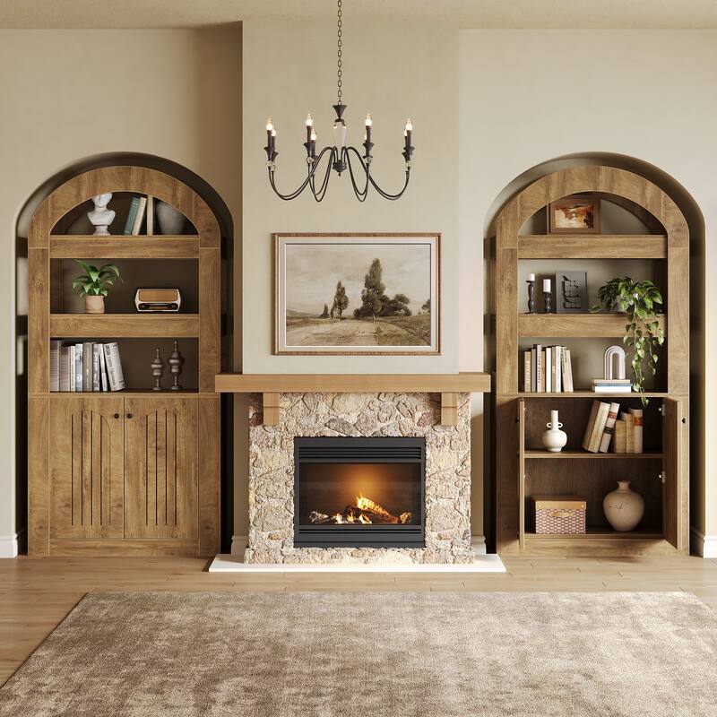 Arched Bookshelf Bookcase with 3-Tier Shelves and a Spacious Cabinet