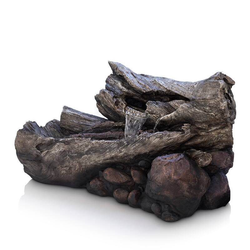 Alpine Corporation WIN256 24" Outdoor 2 Tier Fallen Tree Trunk Water Fountain with LED Lights