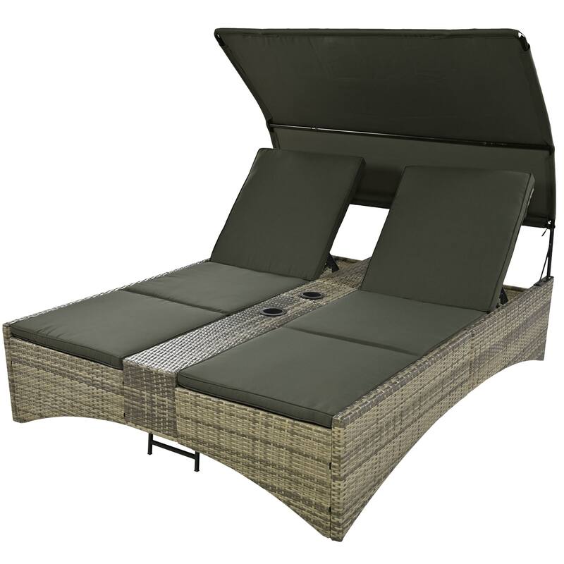 Outdoor Patio Rattan Daybed Sunbed with Canopy and Adjustable Backrest, Storage Box and 2 Cup Holders