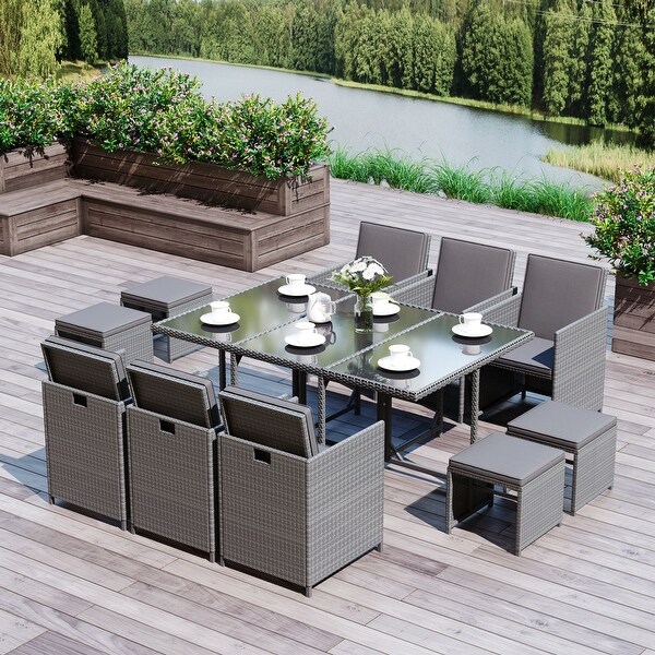 Outsunny 11 Piece Rattan Patio Furniture Set with 6 Rattan Chairs 1 Outdoor Dining Table and 4 Outdoor Ottomans Bed Bath Beyond 18109332