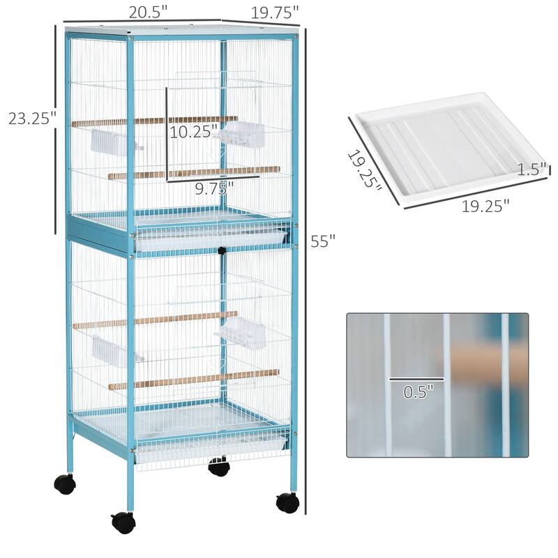 Large Bird Cage with Wheels, Pull-Out Tray, and Perches - 20.5" W x 19.75" D x 55" H