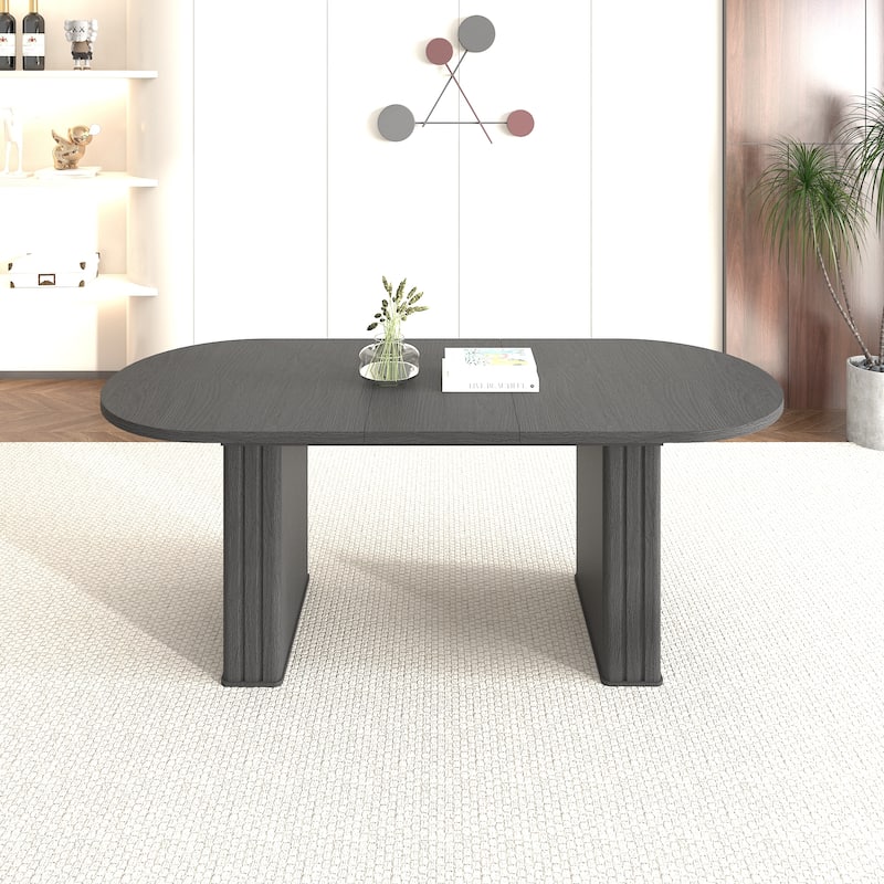 Kitchen extendable dining table for 4-8 people, oval kitchen table with wooden strip base for family living room (black)