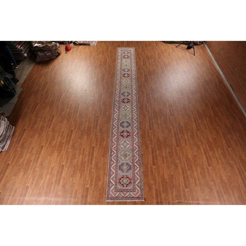 Traditional / Geometric Kazak Oriental Runner Rug Handmade Wool Carpet - 2'7" x 20'1"